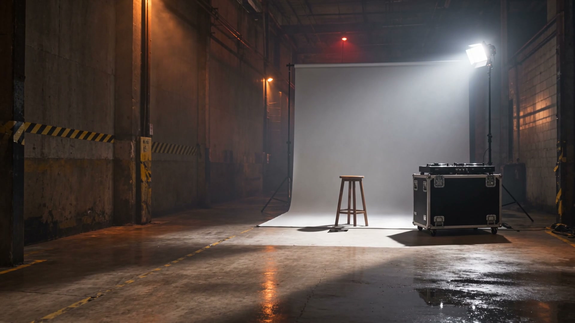 The lit photo set waiting at the end of the warehouse