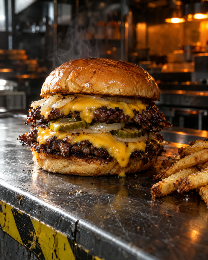 Smash burger with melted cheese on a dark steel counter