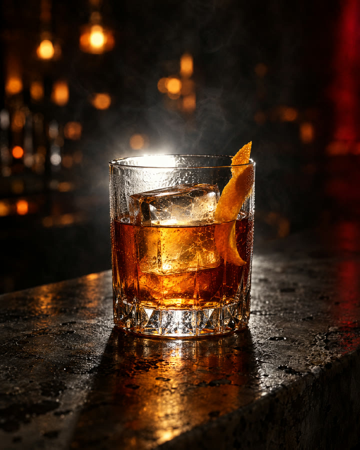 Cocktail with a large clear ice cube and citrus peel on a bar top