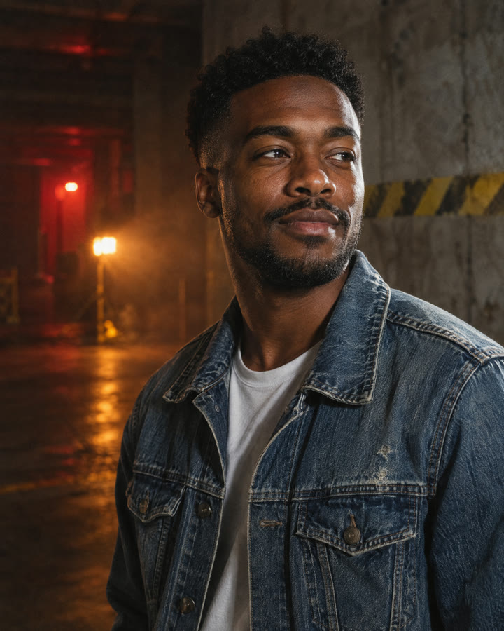 Portrait of a man in a denim jacket under hard warehouse light