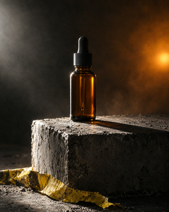 Amber glass bottle on a concrete block with a hard rim light