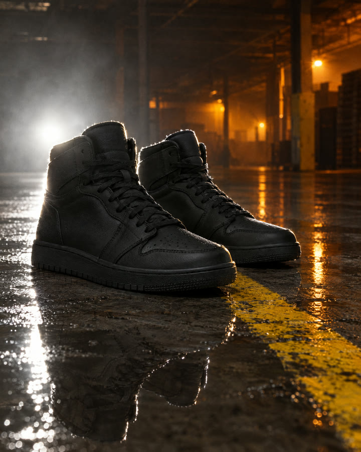 Pair of sneakers on a wet concrete floor with yellow tape lines