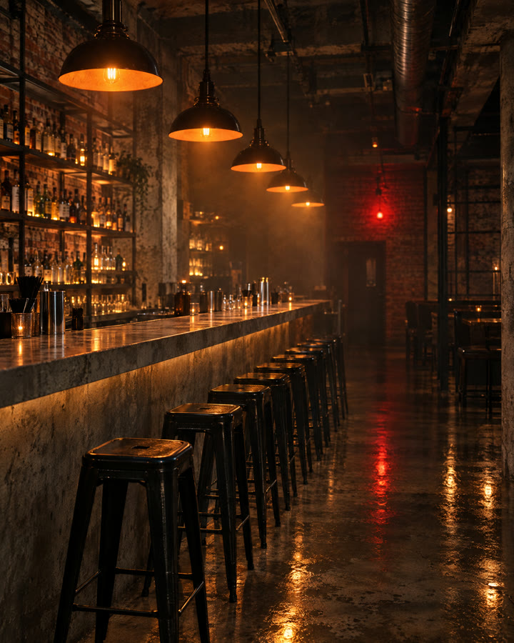Moody restaurant bar lit warm at night with empty stools
