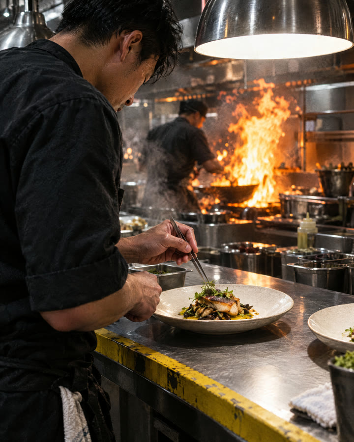 Chef plating a dish in a busy kitchen with flames behind
